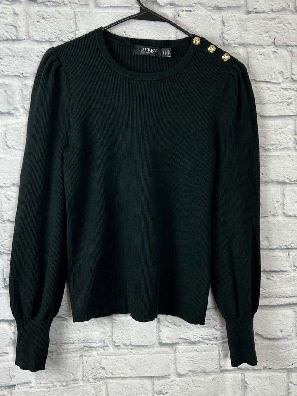Lauren Ralph Lauren Black Ribbed Puff Sleeve Gold Button Sweater Large